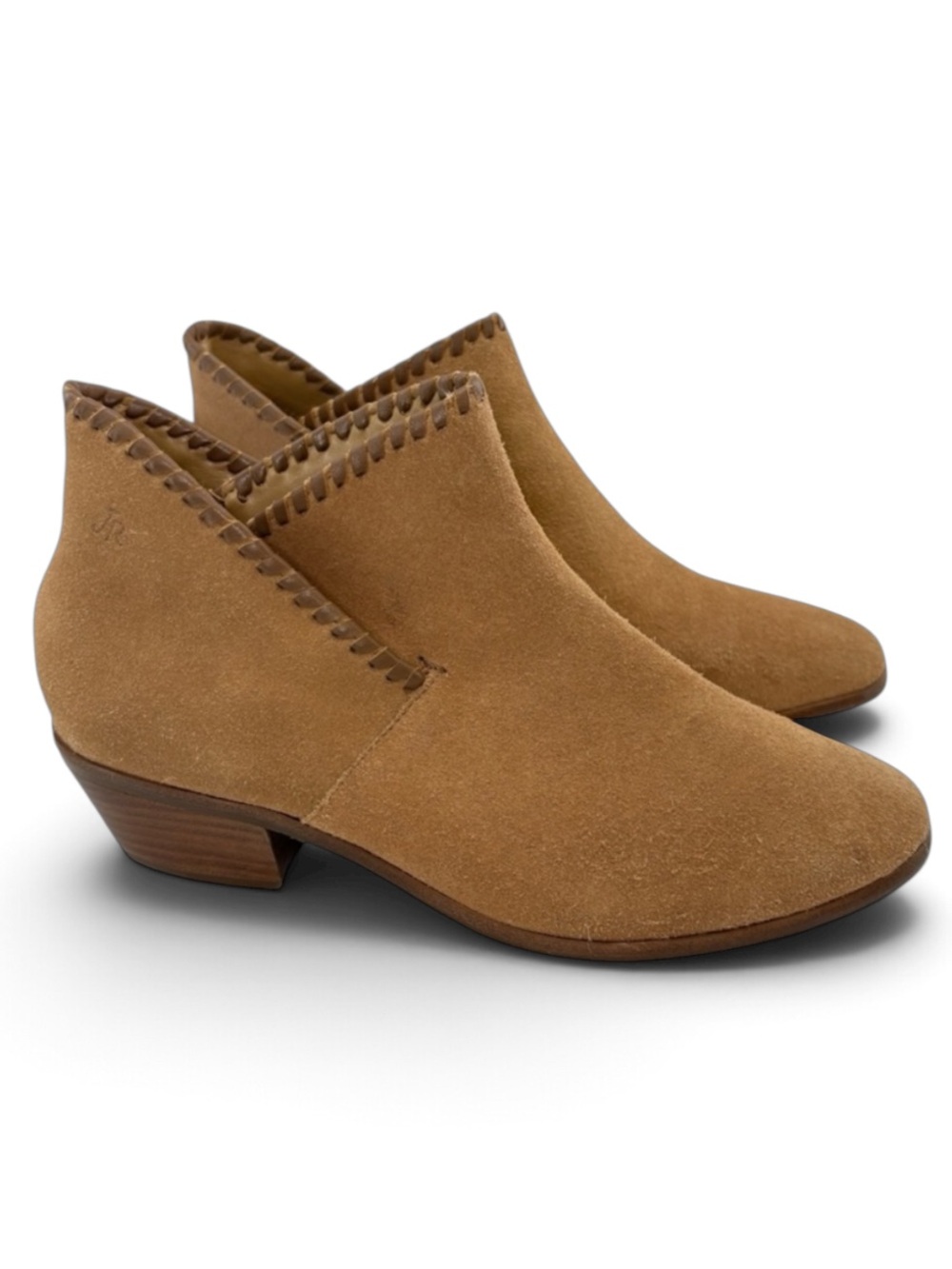 Jack Rogers Camel Tan Chic Suede Ankle Booties Leather Trim Size 6.5
